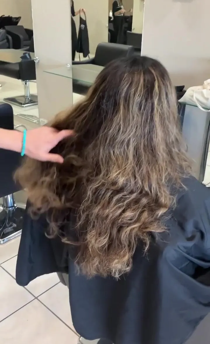 Before Nanoplasty: the same client’s long hair, wavy and frizzy, seen from behind